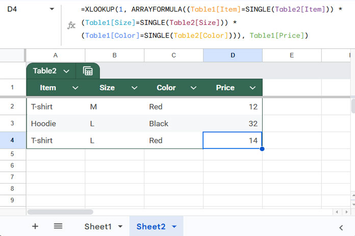 Boolean logic in XLOOKUP with multiple conditions using structured table in Google Sheets