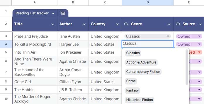 Book Tracker sheet with drop-downs for Genre, Status, and Source