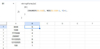 Example of calculating digital root in Google Sheets