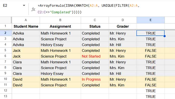 ISNA and XMATCH formula output used to show only complete groups in Google Sheets