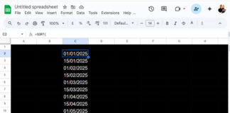 Example of a formula returning semimonthly dates in Google Sheets