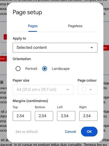 Google Docs Page setup dialog with Selected content and Landscape orientation chosen