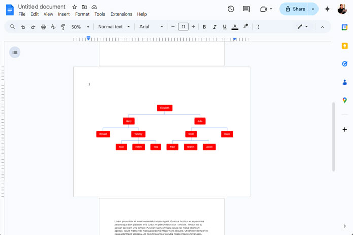 Example showing how to make just one page landscape in Google Docs with surrounding pages in portrait mode