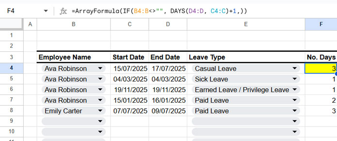 Employee leave entry sheet with start date, end date, and leave type