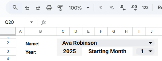 Employee Annual Leave Tracker in Google Sheets showing employee, year, and starting month dropdowns