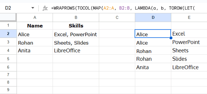 Generated skill combinations from split values in Google Sheets
