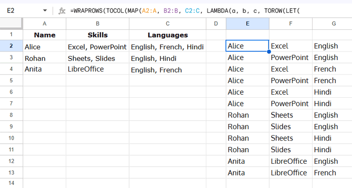 All combinations from comma-separated lists using MAP and MAKEARRAY