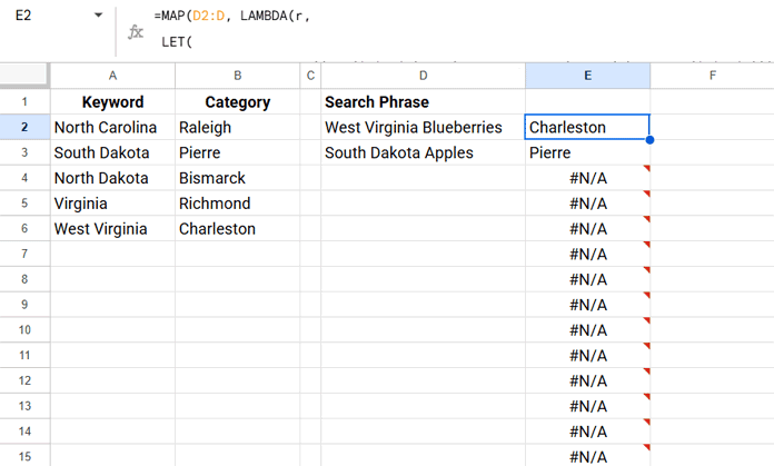Method 1 result: REGEXMATCH and FILTER returning category for longest keyword match