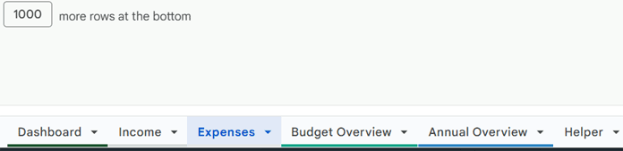 All tabs displayed in the Google Sheets budget template