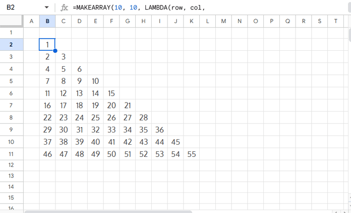 Completed Floyd’s Triangle in Google Sheets