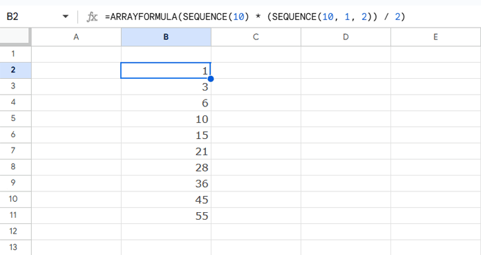Triangular numbers 1, 3, 6, 10, … in Google Sheets generated with a formula