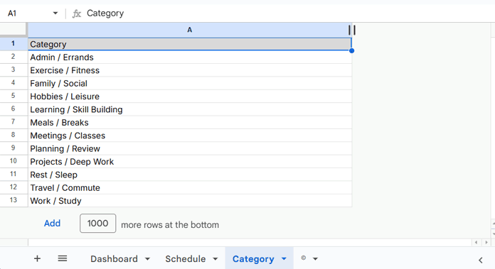 Editable categories in the time blocking planner
