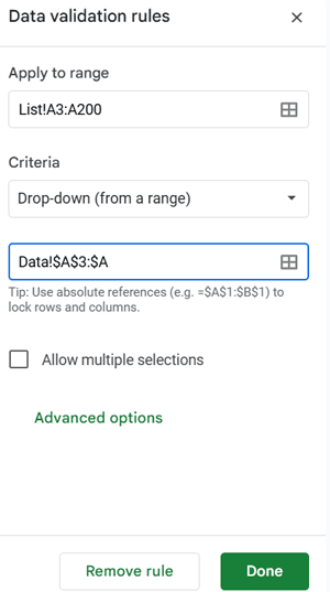Google Sheets drop-down menu setup in sidebar for selecting grocery items from data tab
