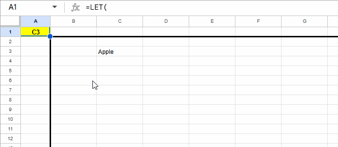 Animated Google Sheets example showing the bottom-right corner cell updating dynamically as new values are entered