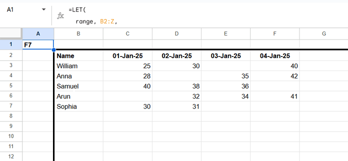 Google Sheets formula output showing F7 as the bottom-right corner of the dataset