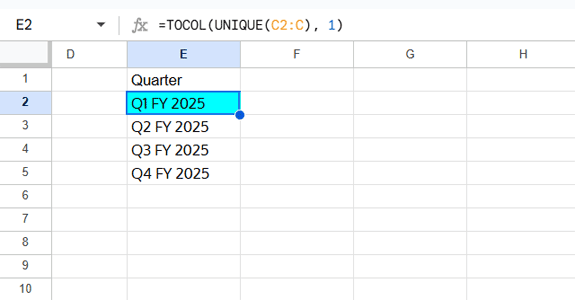 Listing unique quarters in Google Sheets to prepare for Quarter-on-Quarter (QoQ) growth calculation