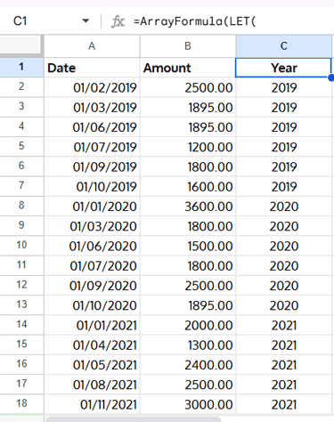 Adding a fiscal year column in Google Sheets to prepare for YoY growth calculation