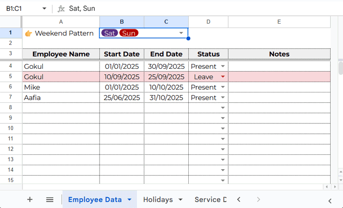 Employee Data tab showing names, start/end dates, and leave status