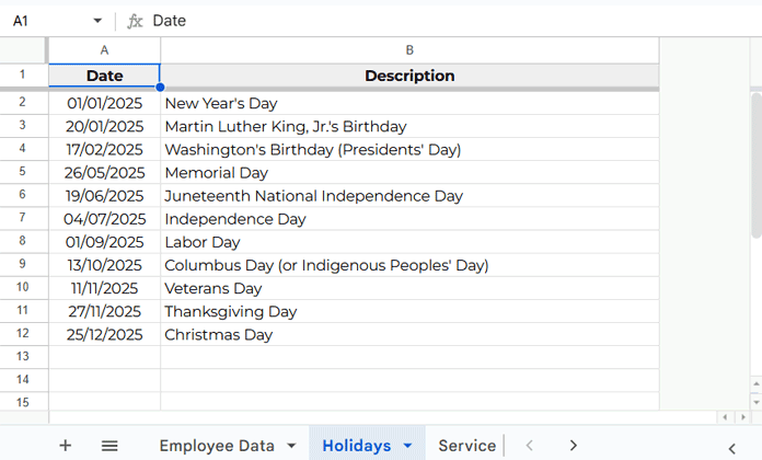 Holidays tab listing official holidays for service days calculation