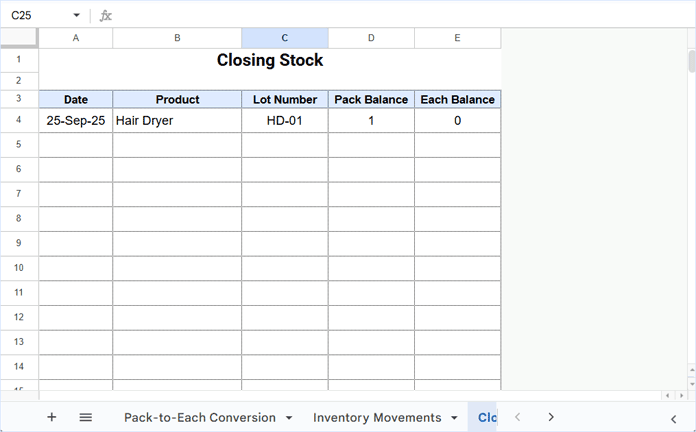 Google Sheets inventory tracker showing pack and each balance results