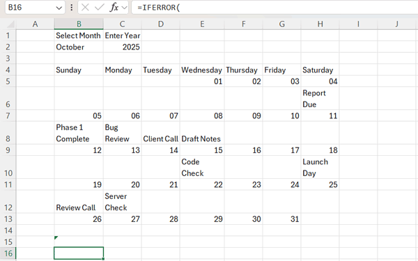 Excel dynamic calendar populated with events from Event_Data table
