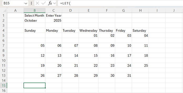 Excel dynamic calendar extended rows with sequential dates formatted in DD