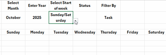 Excel calendar weekday headers automatically updating based on selected week-start option in Smart Excel Calendar