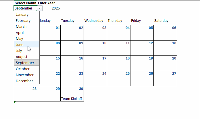 Excel dynamic calendar auto-populating events from table based on selected month