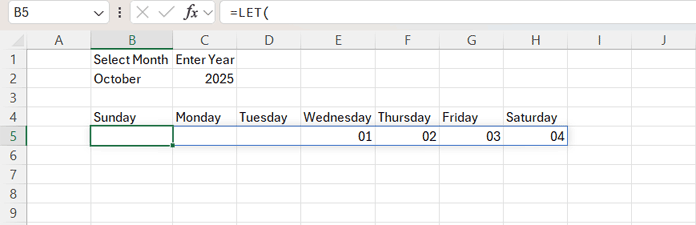 First row of Excel dynamic calendar showing dates in DD format
