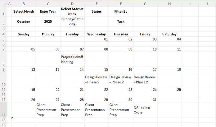 Smart Excel Calendar with Task Durations showing filtered tasks by status or person using Excel formulas