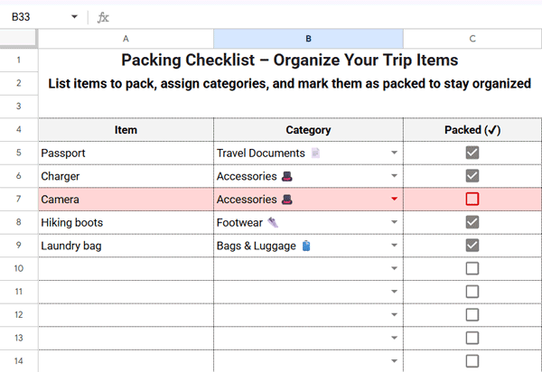 Packing Checklist tab in Google Sheets showing items yet to pack