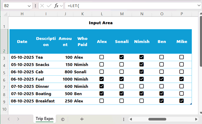Excel 365 Shared Expense Calculator input area for entering group expenses