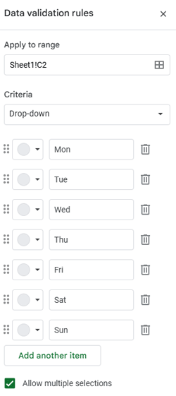 Creating a multi-select dropdown for weekday selection in Google Sheets