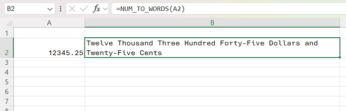 Excel NUM_TO_WORDS Named Function converts a number to words in US/global format