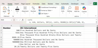 Example of Excel formula converting numbers to words in US/Global format