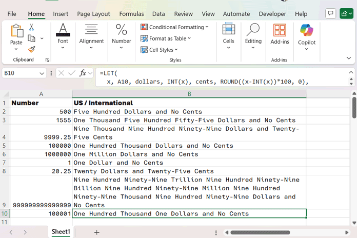 Example of Excel formula converting numbers to words in US/Global format