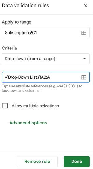 Google Sheets drop-down settings for preferred currency