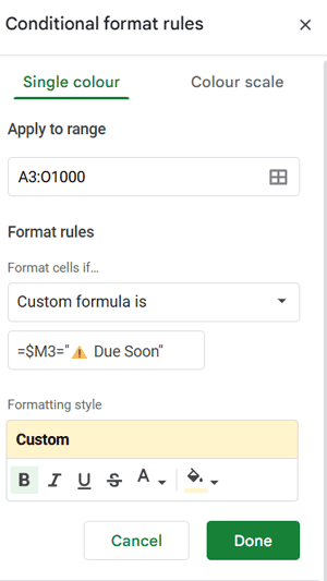 Conditional formatting settings for Due Soon subscriptions
