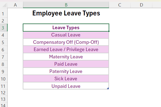 Leave type sheet in Excel defining different leave categories for the employee annual leave tracker