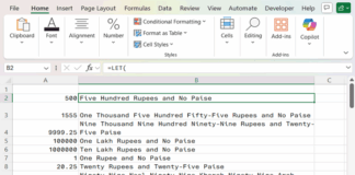 Excel Rupees-to-Words formula results displayed in Column B