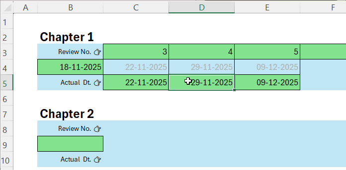 Update actual review date in Excel Adaptive Study Planner