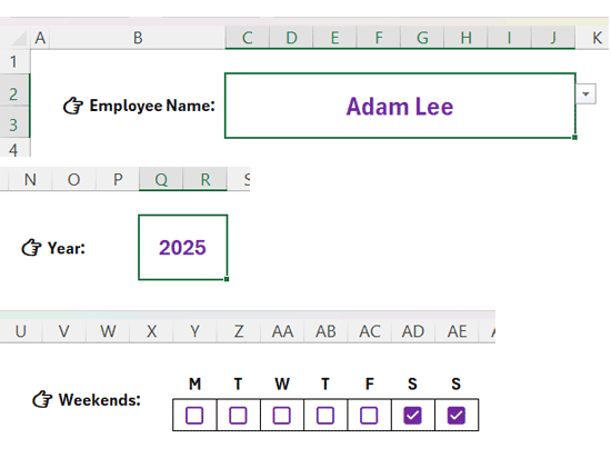 Dropdown to select employee name, input field for year, and weekend selection checkboxes on the tracker
