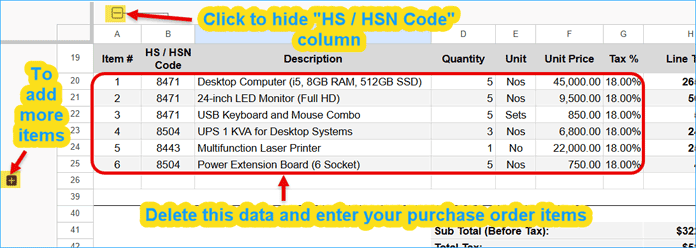 Entering purchase order items in Google Sheets