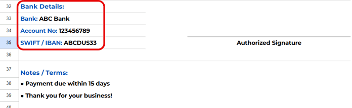 Google Sheets invoice template bank details section