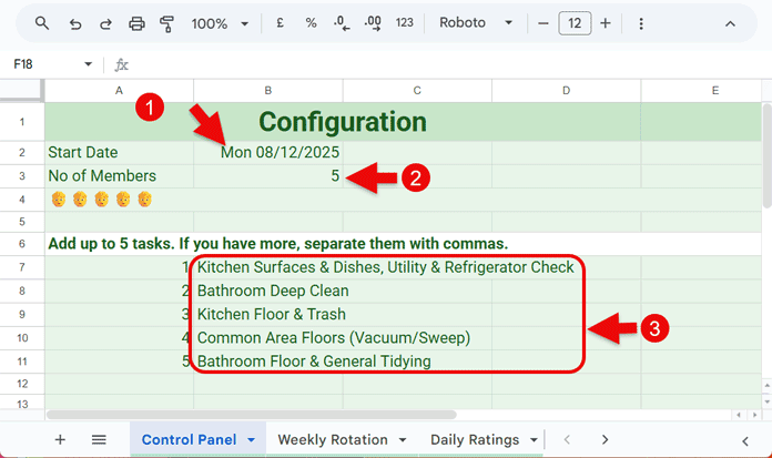 Automatic Cleaning Roster Control Panel showing start date, members, and task setup in Google Sheets