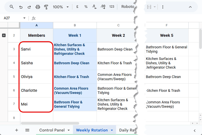 Weekly Rotation sheet showing rotating cleaning tasks assigned to each member automatically