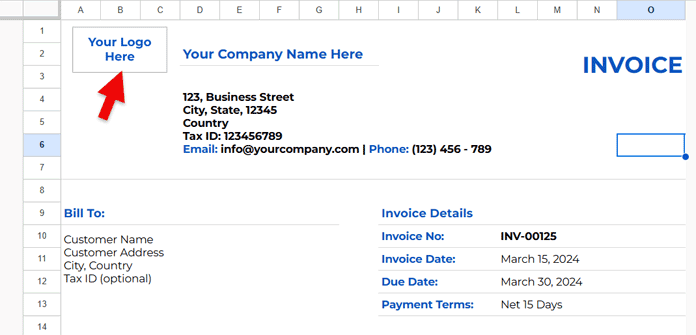Google Sheets invoice template company and client details