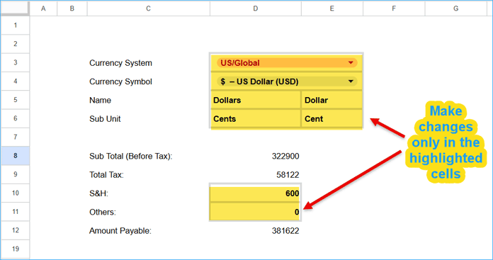 PO Setup tab with currency settings in Google Sheets