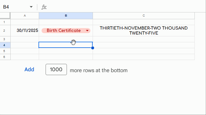 Google Sheets date to words formula with drop-down selection for legal formats