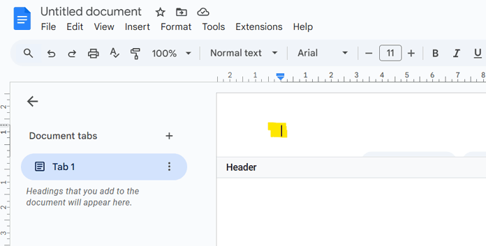Google Docs page border tutorial – activating the header area at the top of the page
